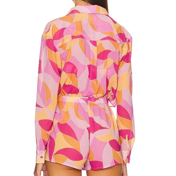 Lovers + Friends Feelin Groovy Fuchsia Geo Sheer Romper Cover up XS Vacation - Picture 3 of 9